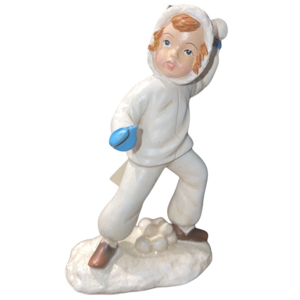 Midwest kid boys snowball fight winter figuring Xmas decorations collection